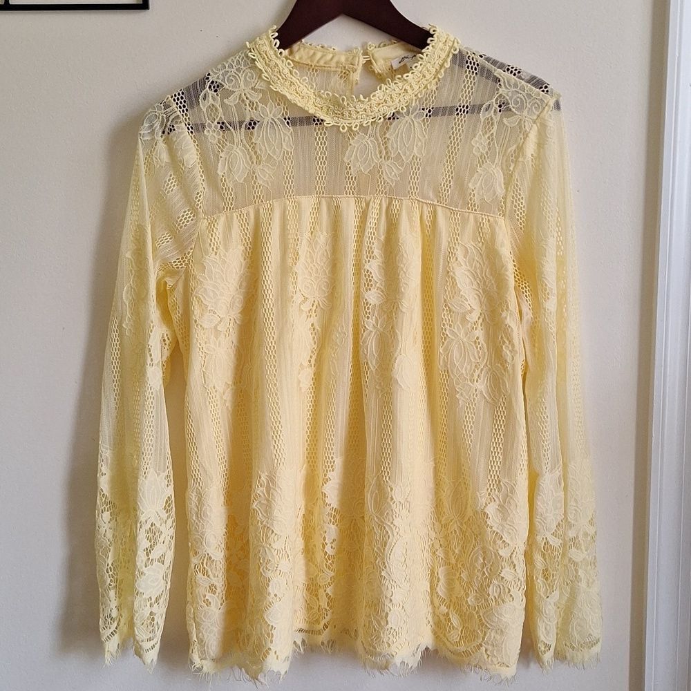 Ultra Pink Pastel Yellow Floral Lace Long Sleeve Blouse Mock Neck Size Large - Picture 2 of 7